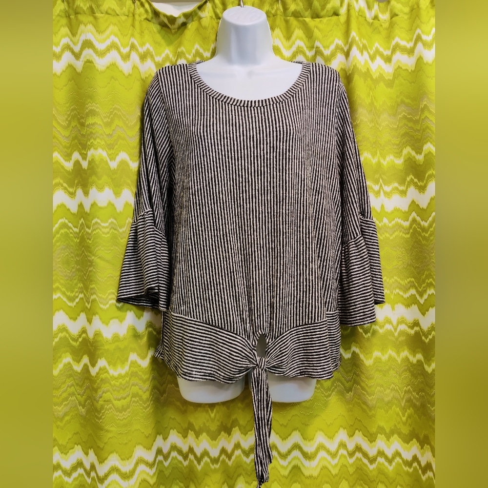 Black And White Vertical Striped Bell Sleeve Top